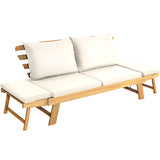 Tangkula Acacia Wood Patio Convertible Couch Sofa Bed with Adjustable Armrest