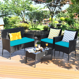 Tangkula Patio Furniture Set, Outdoor Wicker Conversation Set with Tempered Glass Coffee Table