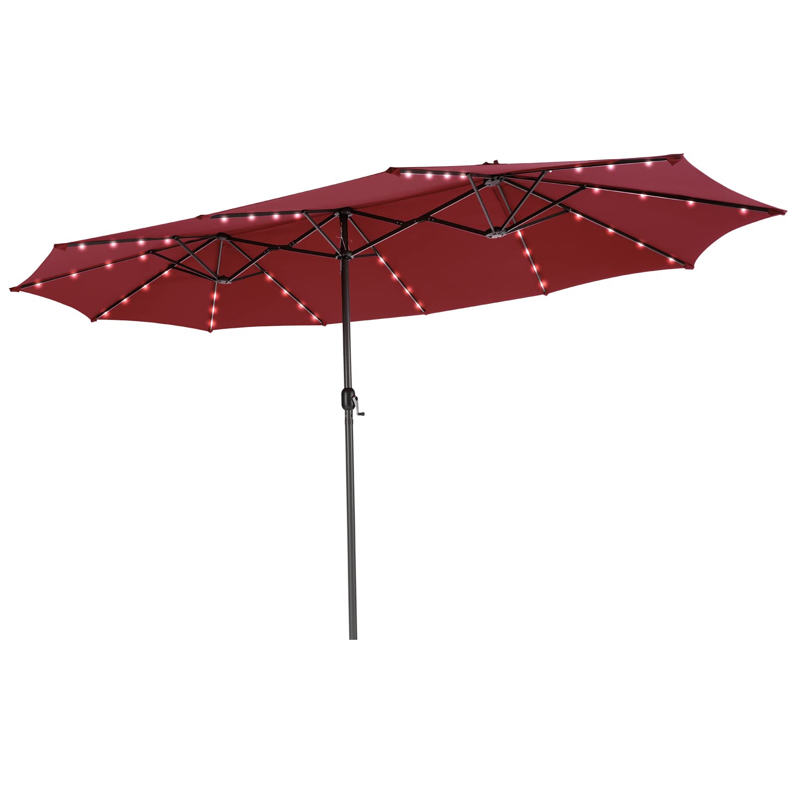 15 ft patio umbrella Tangkula 15 ft Twin Patio Umbrella with 48 LED Lights, Double-Sided Outdoor Umbrella, Burgundy