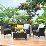 Tangkula 4-PCS Patio Rattan Conversation Set, Outdoor Wicker Furniture Set with Tempered Glass Coffee Table &Thick Cushion