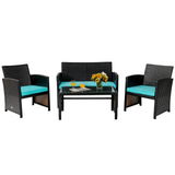 Tangkula 4 Pieces Rattan Furniture Set, Outdoor Conversation Set w/Chair & Loveseat & Tempered Glass Coffee Table