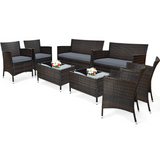 Tangkula 4-PCS Patio Rattan Conversation Set, Outdoor Wicker Furniture Set with Tempered Glass Coffee Table &Thick Cushion