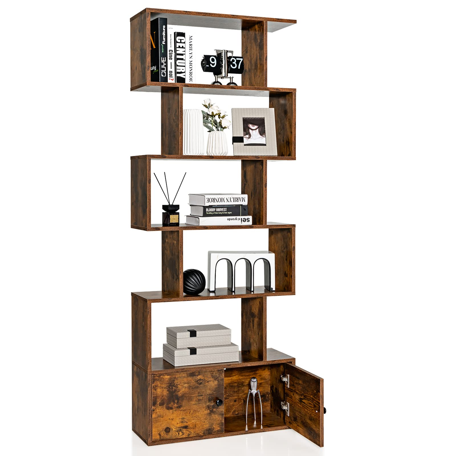 Tangkula S Shaped Bookshelf with Cabinet, 6-Tier Bookcase with Doors, Freestanding Geometric Bookshelves for Living Room