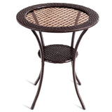 25" Patio Wicker Coffee Table Outdoor Backyard Lawn Balcony Pool Round Tempered Glass Top Wicker Rattan Steel Frame Table Furniture