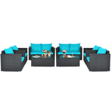 Patio Rattan Conversation Furniture Set, Outdoor Wicker Sofa Set with Padded Cushion & Tempered Glass Coffee Table