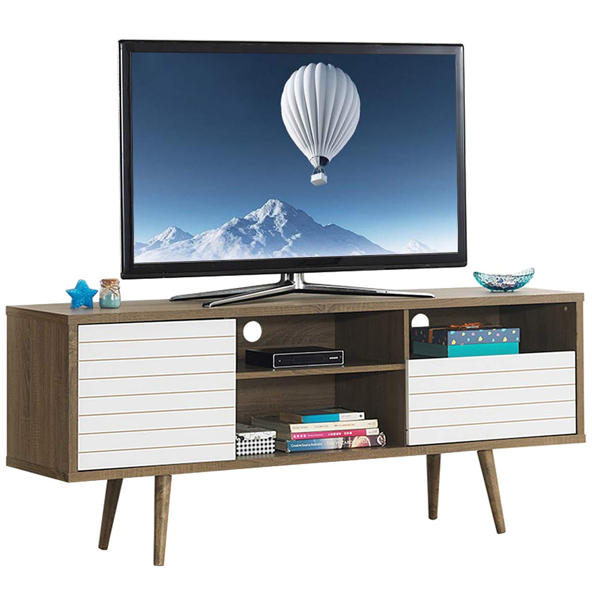 Tangkula Mid-Century Modern TV Stand for TVs up to 65 Inch, Wooden TV Console Table with Storage Shelves