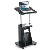 Mobile Laptop Podium, Height Adjustable Sit to Stand Desk with Tilting Desktop & Storage Cabinet