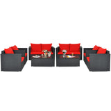 Patio Rattan Conversation Furniture Set, Outdoor Wicker Sofa Set with Padded Cushion & Tempered Glass Coffee Table