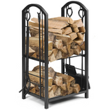 Tangkula Firewood Rack with 4 Fireplace Tools, Firewood Rack Bin Log Holder with Fireplace Tools Set (17.5" L x 12" W x 29.5" H)