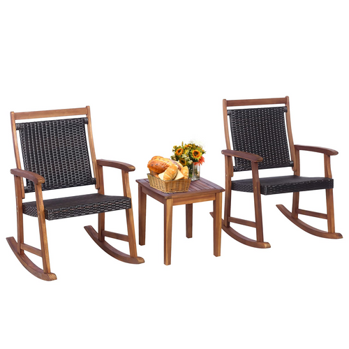 Tangkula 3 Pieces Patio Rocking Chair Set, Patiojoy Acacia Wood Rocker