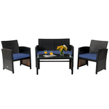 Tangkula 4 Pieces Rattan Furniture Set, Outdoor Conversation Set w/Chair & Loveseat & Tempered Glass Coffee Table