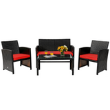 Tangkula 4 Pieces Rattan Furniture Set, Outdoor Conversation Set w/Chair & Loveseat & Tempered Glass Coffee Table