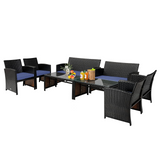 Tangkula 4 Pieces Rattan Furniture Set, Outdoor Conversation Set w/Chair & Loveseat & Tempered Glass Coffee Table