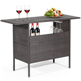 Tangkula Outdoor Wicker Bar Table with 2 Metal Mesh Shelves & 2-Rail Steel Stemware Racks(Mix Brown)