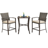 3 Piece Patio Bar Set, Outdoor Bar Stool Bistro Set w/ 27.5" Square Table, 2 Wicker Cushioned Chairs