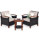 3 Pieces Patio Furniture Set, Outdoor Rattan Sofa and Side Table w/Solid Acacia Wood Frame