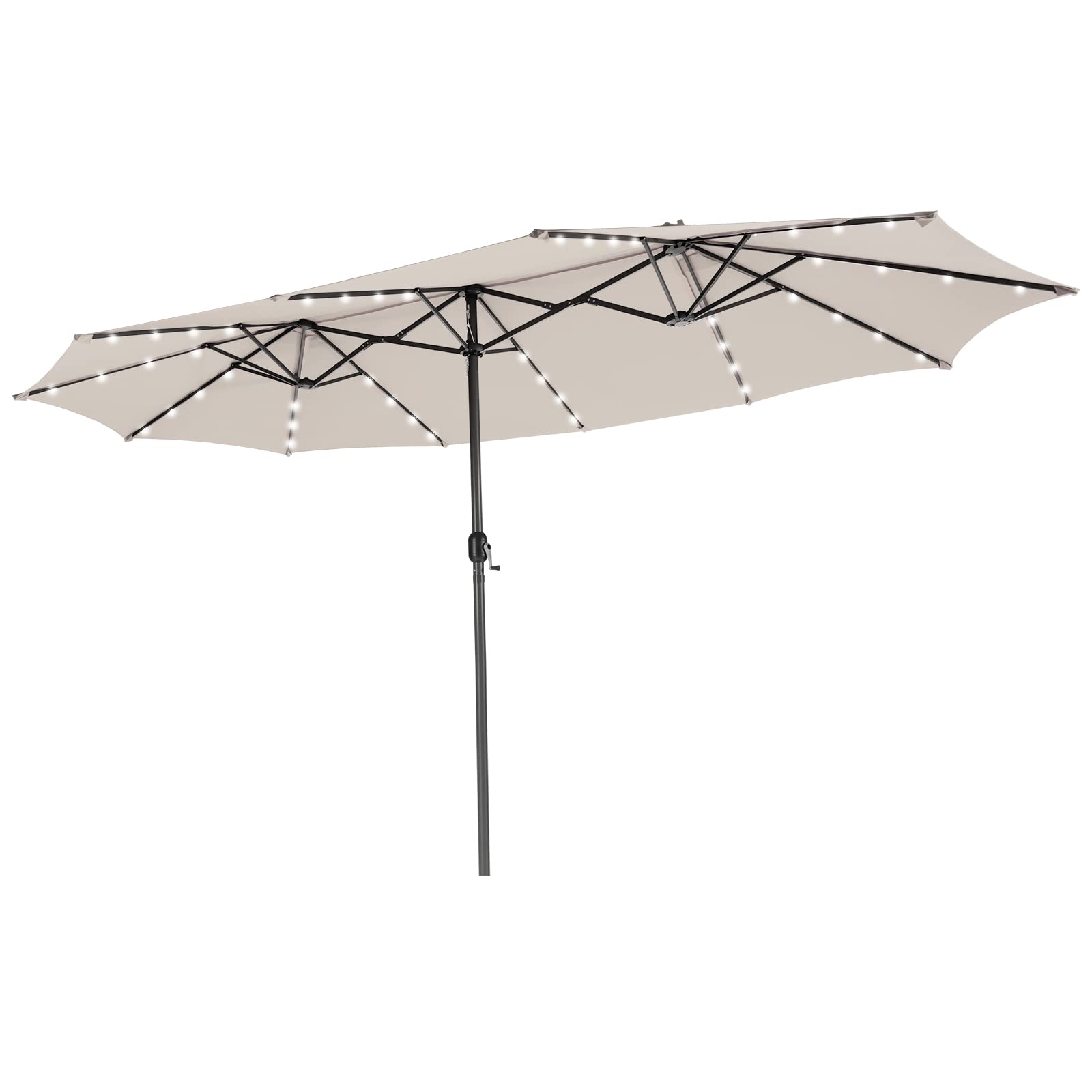 Tangkula 15 ft Twin Patio Umbrella with 48 LED Lights, Double-Sided Outdoor Umbrella, Beige