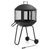 Tangkula Portable Fire Pit with Wheels, 28 Inch Wood Burning Fire Pit with Log Grate