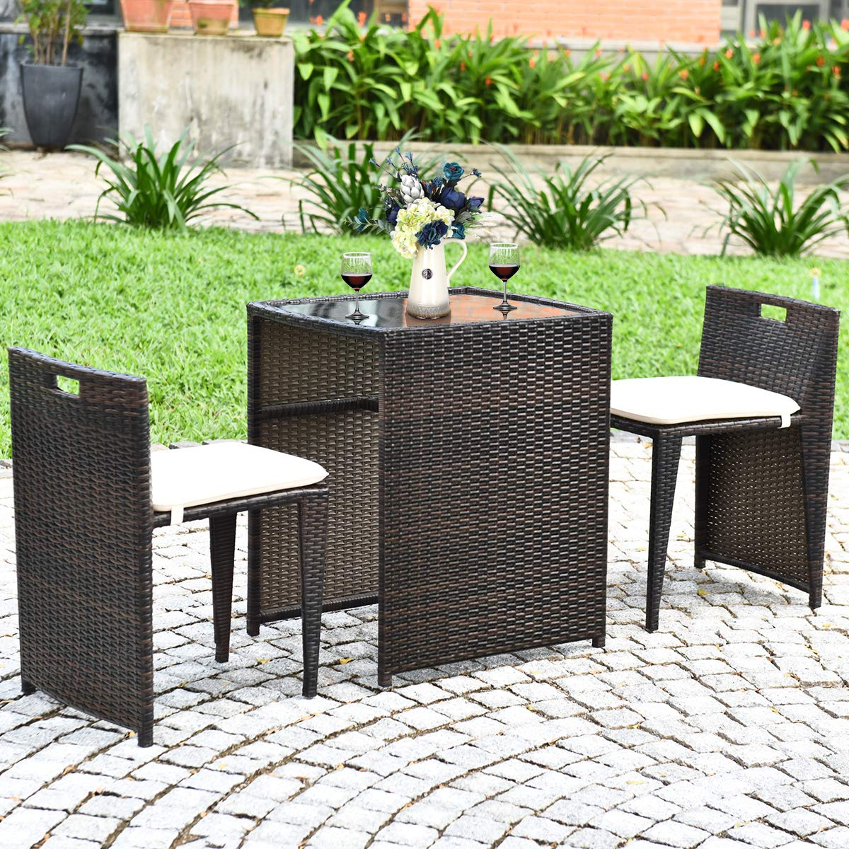 3 PCS Outdoor Rattan Dining Set  - Tangkula