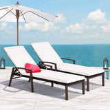 Tangkula 2 PCS Patio Rattan Chaise Lounge Chair, Outdoor Reclining Chaise with Cushion and Armrest, Wicker Sun Lounger with Adjustable Backrest