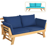 Tangkula Acacia Wood Patio Convertible Couch Sofa Bed with Adjustable Armrest