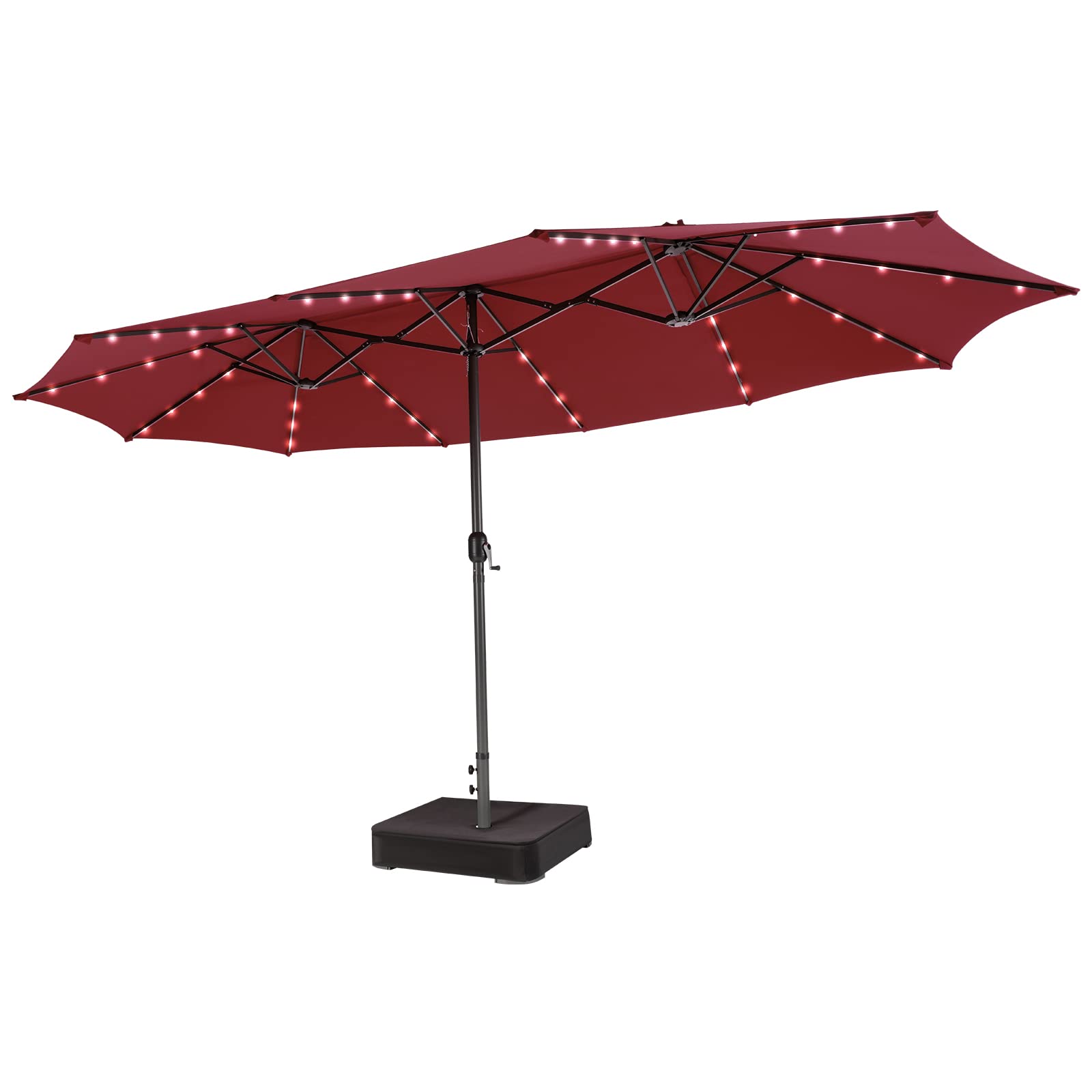 15 ft patio umbrella with led lights 15FT Double-Sided Patio Umbrella with Solar Lights, Extra-Large Umbrella W/ 48 LED Lights & Auto-Charging Solar Panel, Burgundy
