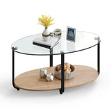 Tangkula Glass Coffee Table, 2 Tier Oval Tea Table with Tempered Glass Tabletop and Wooden Shelf