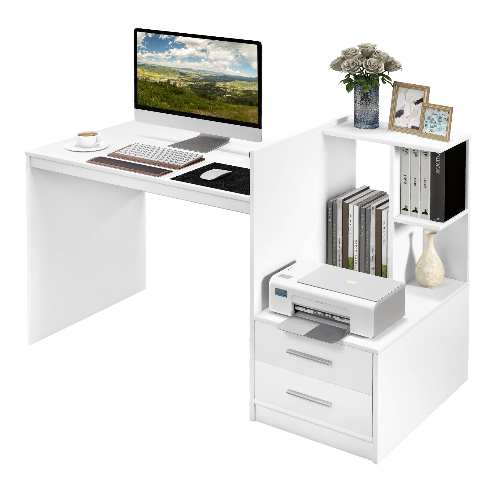 White Desk with 2 Storage Drawers & Bookshelf - Tangkula