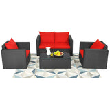 Patio Rattan Conversation Furniture Set, Outdoor Wicker Sofa Set with Padded Cushion & Tempered Glass Coffee Table