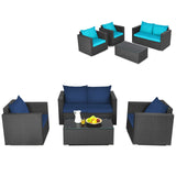 Patio Rattan Conversation Furniture Set, Outdoor Wicker Sofa Set with Padded Cushion & Tempered Glass Coffee Table