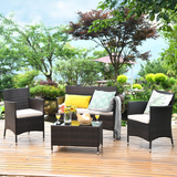 Tangkula 4-PCS Patio Rattan Conversation Set, Outdoor Wicker Furniture Set with Tempered Glass Coffee Table &Thick Cushion