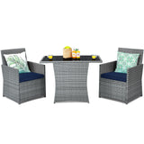 3 Pieces Patio Dining Set, Patiojoy Space-Saving PE Rattan Bistro Set with Tempered Glass Top Table and Cushioned Chairs