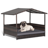 Tangkula Wicker Dog House, Indoor Outdoor Raised Rattan Dog Bed