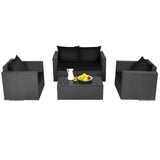 Patio Rattan Conversation Furniture Set, Outdoor Wicker Sofa Set with Padded Cushion & Tempered Glass Coffee Table