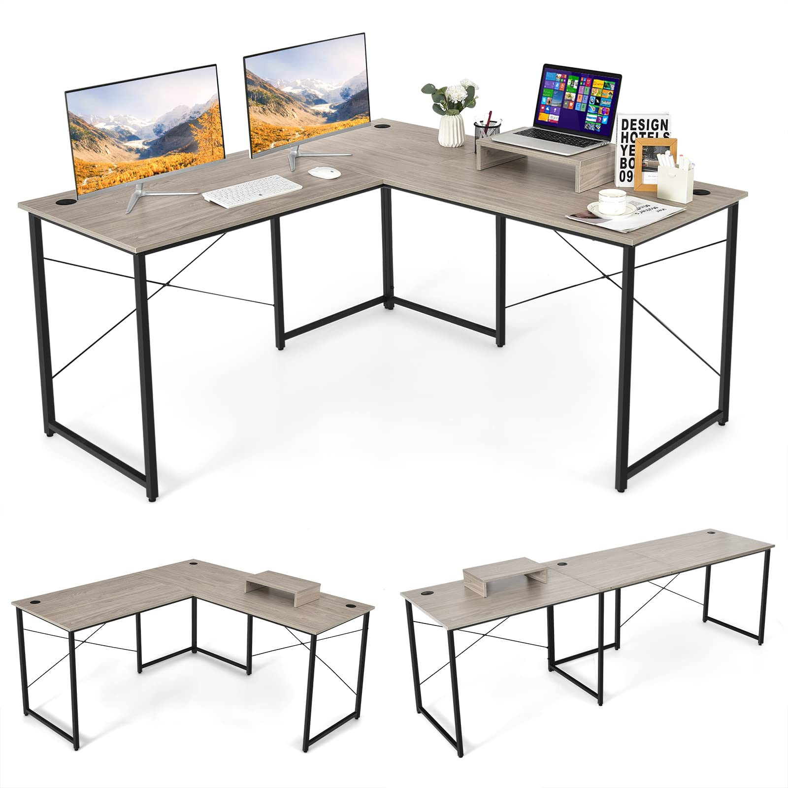 95 Inch Reversible Corner Desk with Monitor Stand - Tangkula