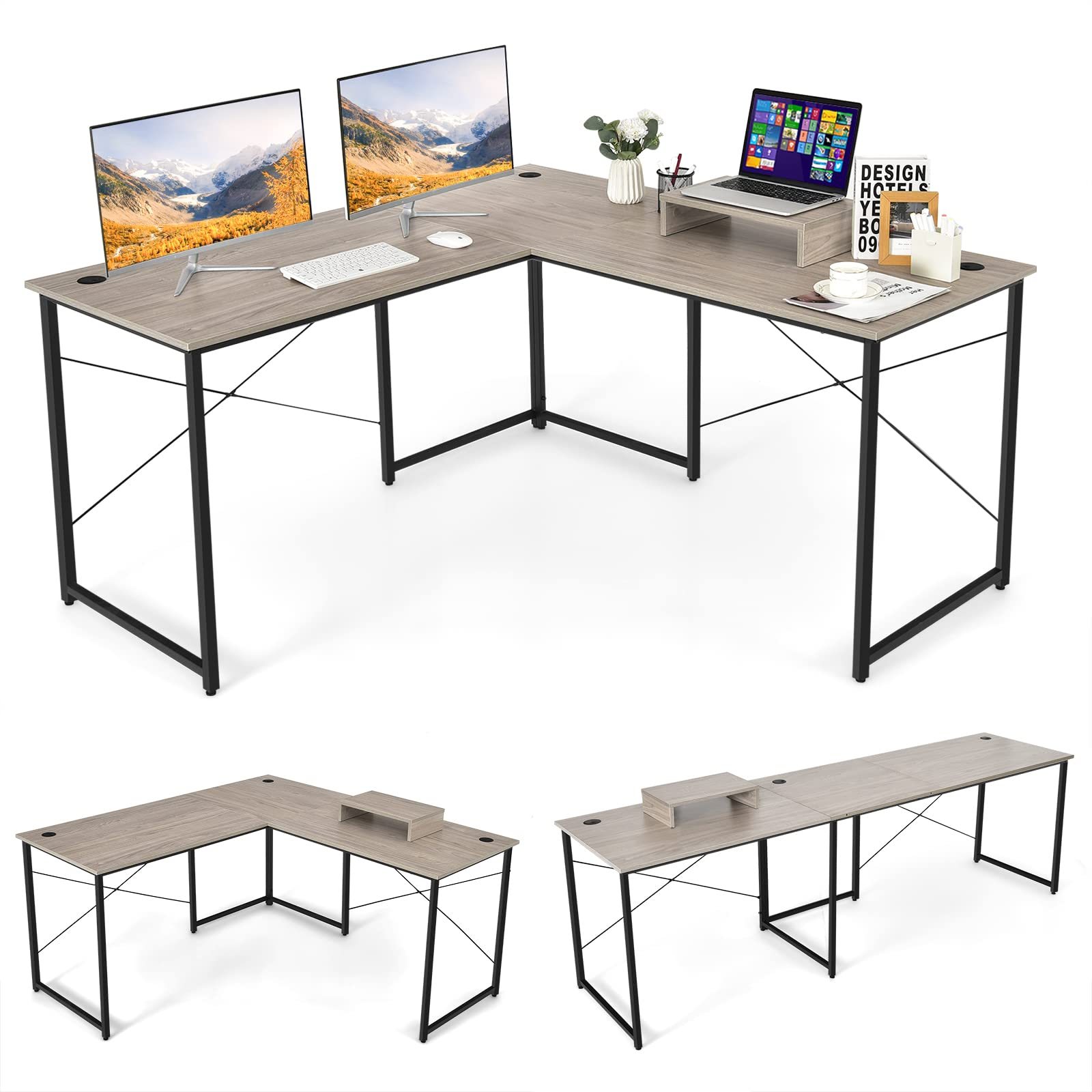 Tangkula L-shaped Office Desk, 59 Inch Large Corner Desk, Full-length Open  Shelf & 2-Tier Side Shelves, Home Office Desk, Writing Desk Computer