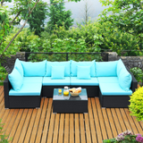 Tangkula 7 Piece Patio Furniture Set, Outdoor Sectional Sofa w/Pillows and Cushions, Wicker Sofa Conversation Set with Coffee Table