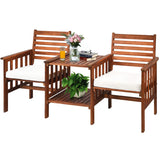 Tangkula Acacia Wood Loveseat, 3pcs Outdoor Table Chairs Set (White)