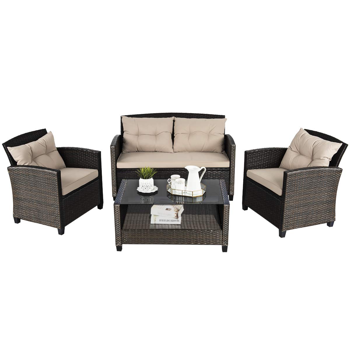 4-Piece Patio Furniture Set, Rattan Wicker Chair Set with 1 Loveseat, 2 Single Sofas - Tangkula