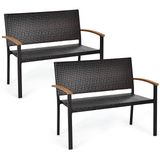 Tangkula Patio Wicker Bench, All Weather Rattan Bench w/Acacia Wood Armrest, Outdoor Loveseat Chair