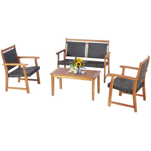 Tangkula 4 Pieces Patio Rattan Conversation Set with Acacia Wood Frame