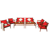4/8PCS Patio Wood Sofa Set, Outdoor Acacia Wood Seating Chat Set with Cushions & Coffee Table