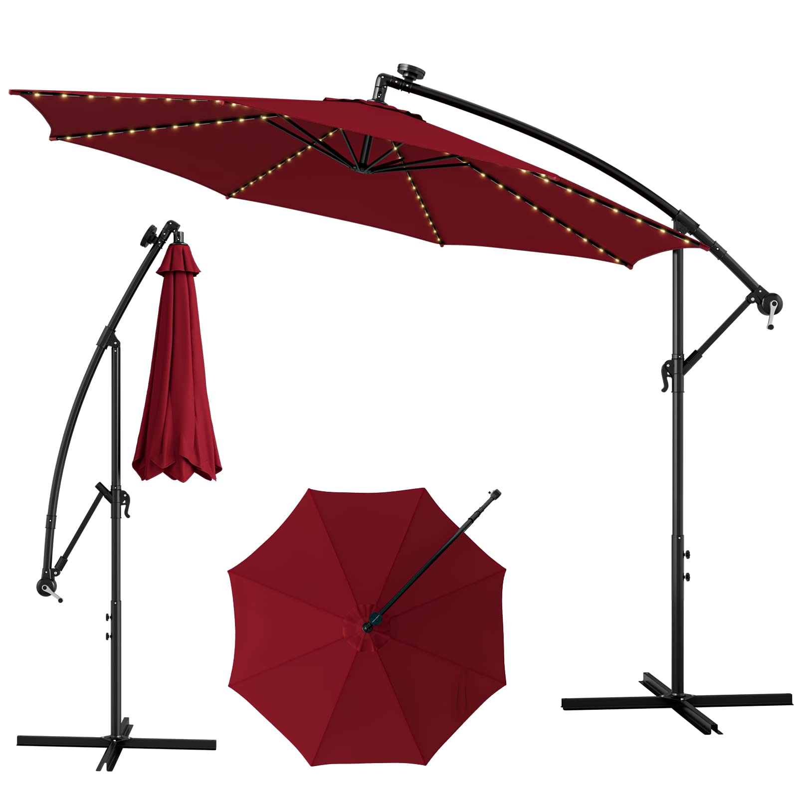 10 ft. outdoor cantilever hanging patio umbrella TANGKULA 10FT Solar Offset Umbrella, Tilted Cantilever Hanging Umbrella with 112 LED Lights, Burgundy