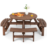 Tangkula 8 Person Cedar Wood Picnic Table, Outdoor Round Picnic Table with 4 Built-in Benches