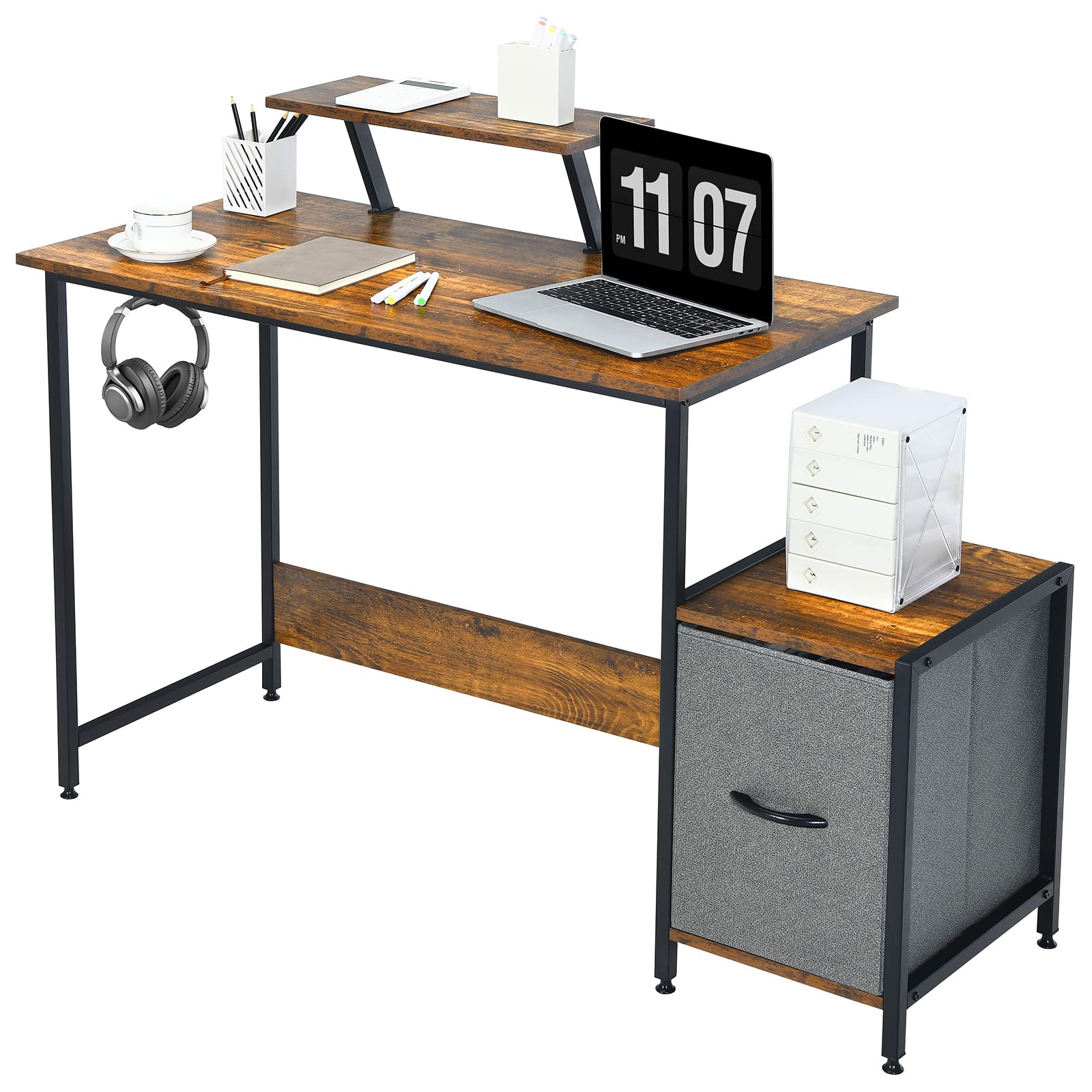 Computer Desk with Reversible Fabric Drawer & Moveable Shelf