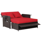 Tangkula Patio Rattan Daybed, Patiojoy Wicker Loveseat Sofa with 4-Postion Adjustable Backrest, Storage Ottoman, Cushions