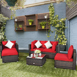 6 Pieces Patio Rattan Sectional Furniture Set, Outdoor Wicker Conversation Set with Glass Coffee Table Sofa Ottoman
