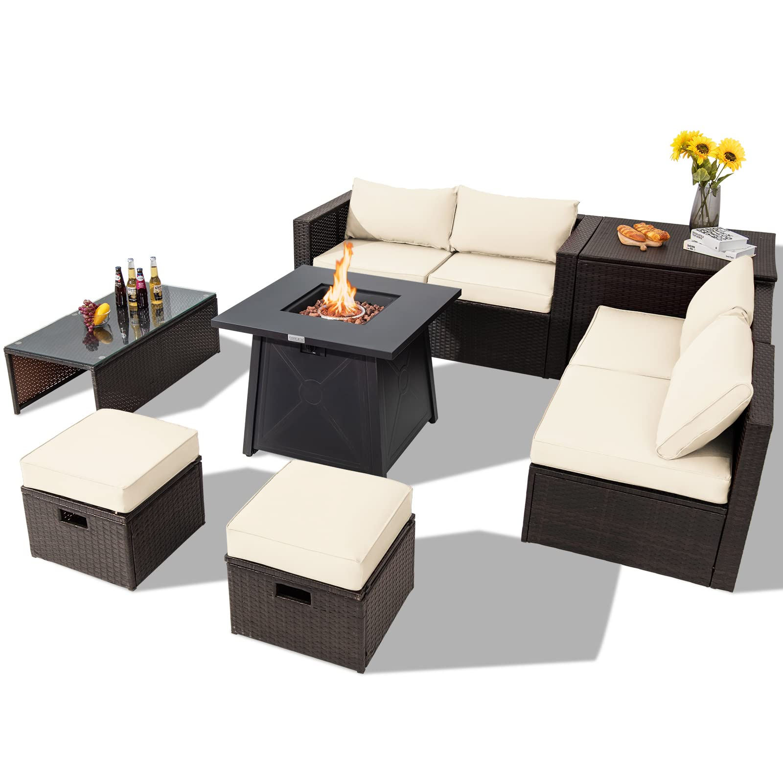 Tangkula 9 Pieces Patio Furniture Set with 30" Propane Fire Pit Table