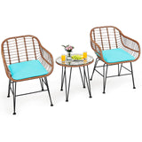 3 Pieces Patio Conversation Bistro Set, Outdoor Wicker Furniture w/Round Tempered Glass Top Table & 2 Rattan Armchairs