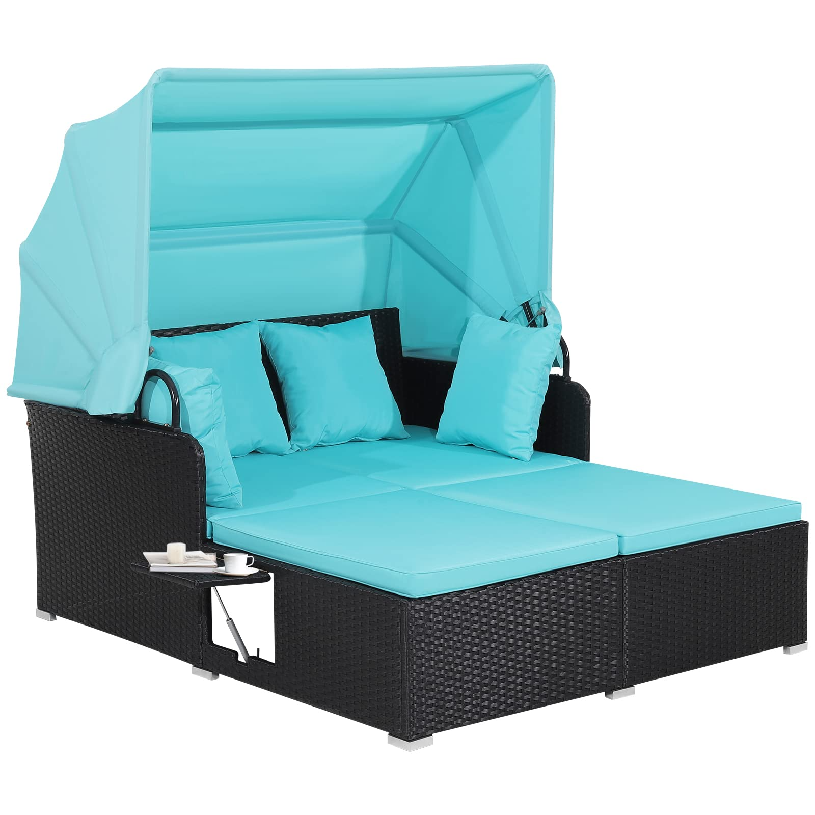 Tangkula Patio Rattan Daybed, Patiojoy Wicker Daybed Loungerw/Retractable Canopy, 2 Foldable Side Panels
